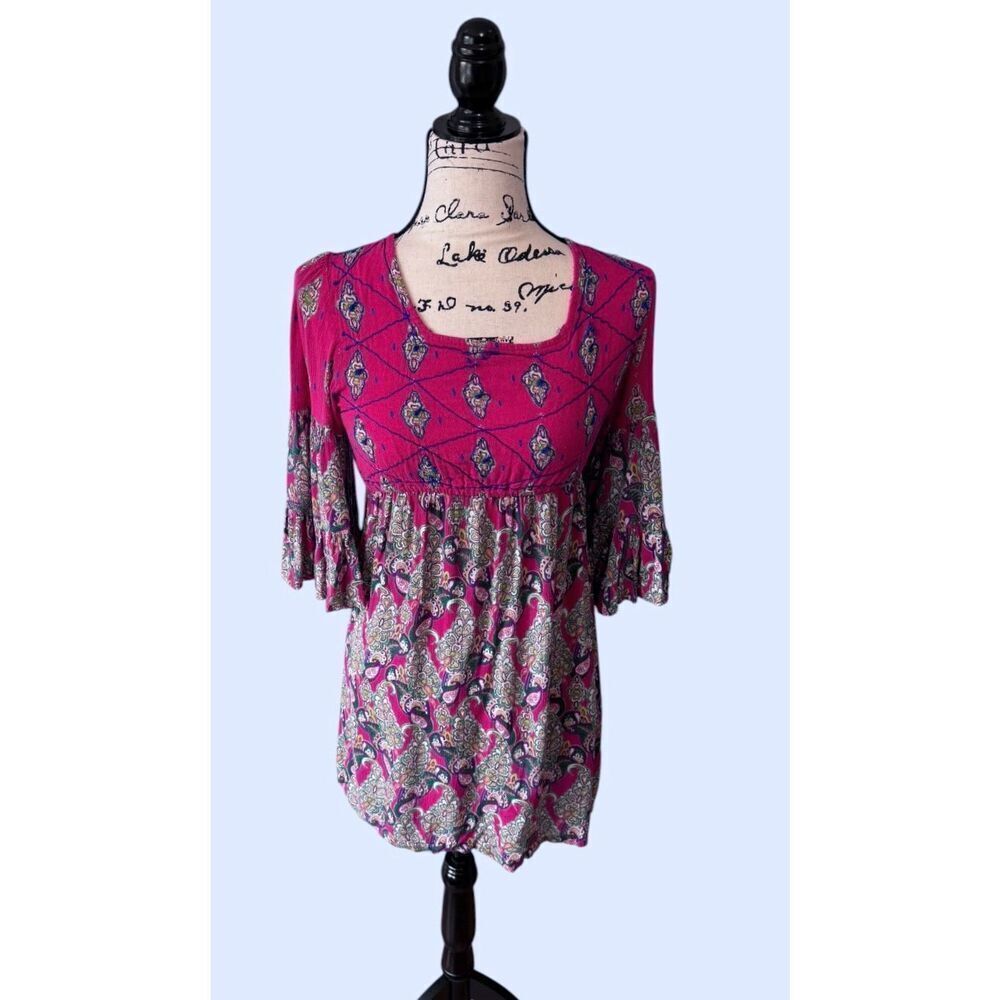 RAGA Alice Pink Paisley Embroidered Boho Mini Dress XS Bell Sleeve